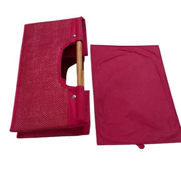 Pink Foldable Storage Bin With Wooden Carry Handles 13" x 9" - Picture 3 of 8